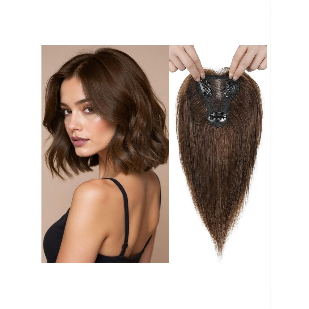 10" Human Hair Topper Chocolate Brown Clip-in Crown Wiglet Hairpiece Natural